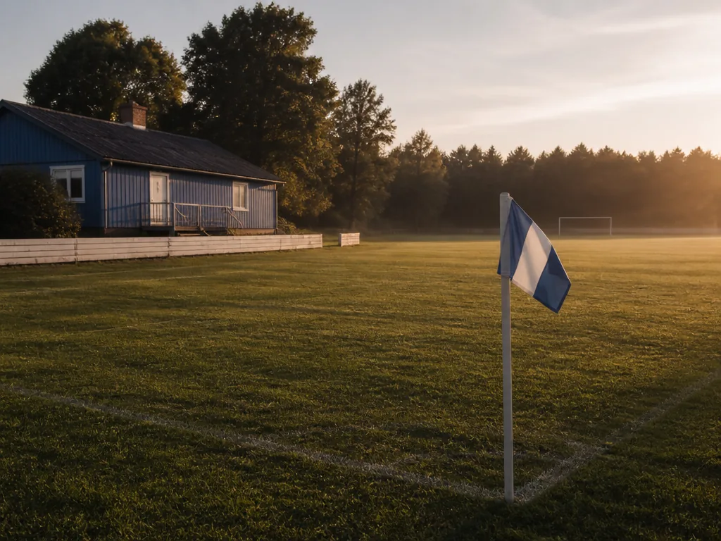Kvällsljus över en tom gräsplan intill ett klubbhus, hörnflagga i förgrunden