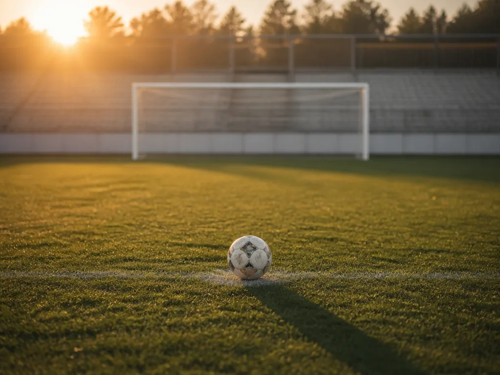 Fotboll på straffpunkten i lågt kvällsljus med suddiga tomma publikplatser bakom