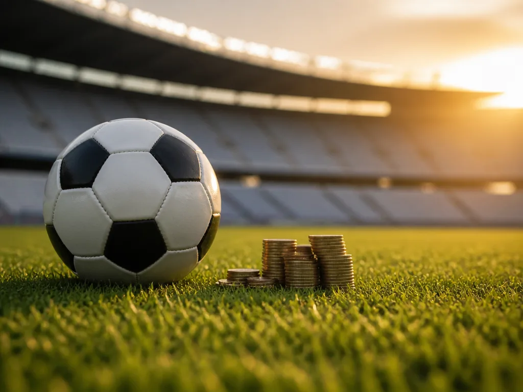 En fotboll på gräset på en tom arena i kvällsljus bredvid en liten hög med mynt