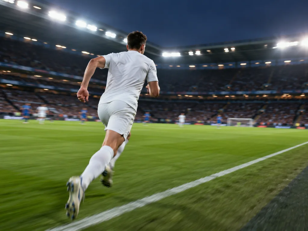 Vänsterback i neutral matchdräkt springer längs sidlinjen på en upplyst fotbollsarena