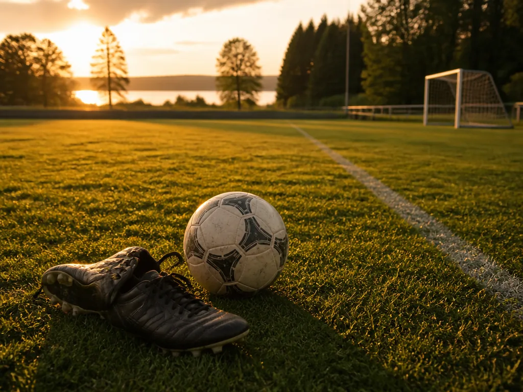 Fotbollsskor och en boll på gräset vid sidlinjen i kvällsljus