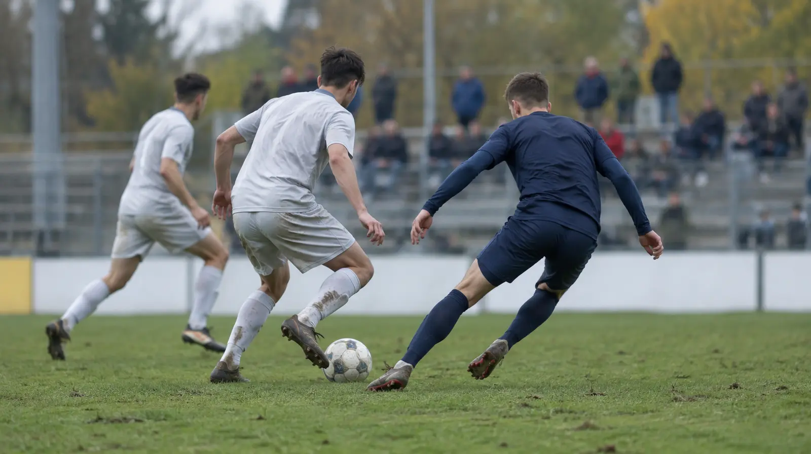 Spelare kämpar om bollen på en italiensk fotbollsplan i eftermiddagsljus