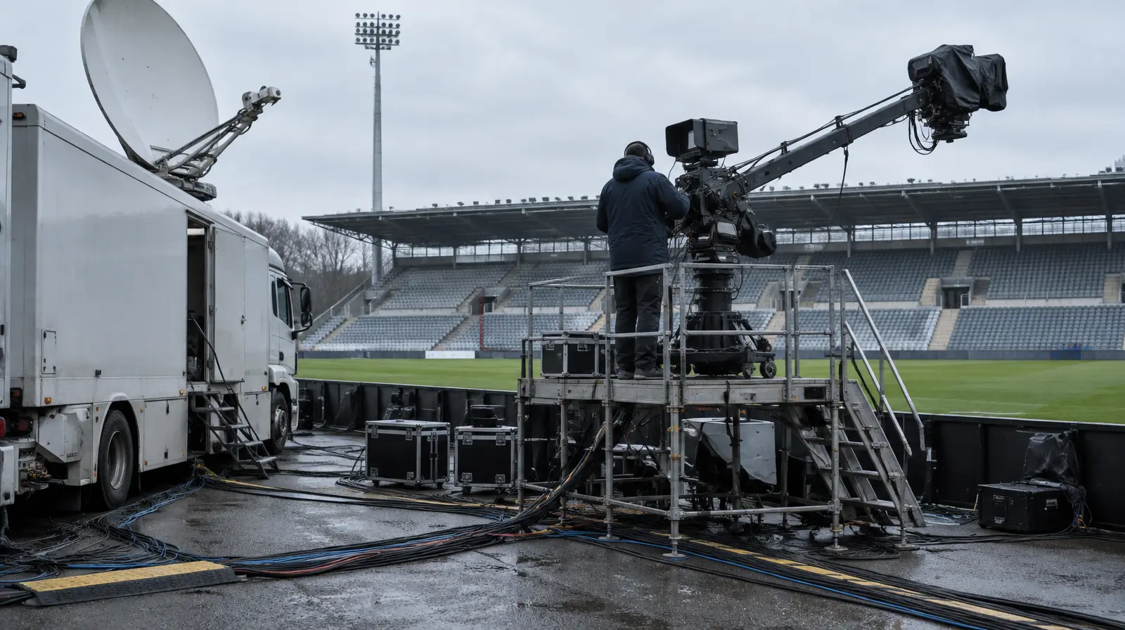 Tv-sändningsbilar och kablar utanför en fotbollsarena en mulen dag