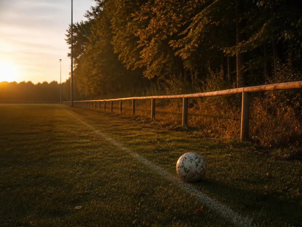Sidlinjen på en mindre fotbollsplan i kvällsljus med träd i bakgrunden